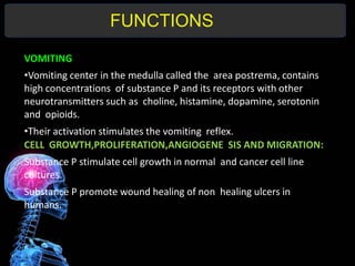 FUNCTIONS
VOMITING
•Vomiting center in the medulla called the area postrema, contains
high concentrations of substance P and its receptors with other
neurotransmitters such as choline, histamine, dopamine, serotonin
and opioids.
•Their activation stimulates the vomiting reflex.
CELL GROWTH,PROLIFERATION,ANGIOGENE SIS AND MIGRATION:
Substance P stimulate cell growth in normal and cancer cell line
cultures.
Substance P promote wound healing of non healing ulcers in
humans.
 