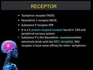 RECEPTOR
• Tachykinin receptor TACR1
• Neurokinin 1 receptor NK1R
• Substance P receptor SPR
• It is a G protein coupled receptor found in CNS and
peripheral nervous system.
• Substance P is the Neurokinin neurotransmitter
selectively binds with the NK1 receptor, NK1
receptor is have some affinity for other tachykinins
 