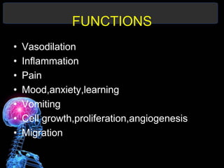 FUNCTIONS
• Vasodilation
• Inflammation
• Pain
• Mood,anxiety,learning
• Vomiting
• Cell growth,proliferation,angiogenesis
• Migration
 