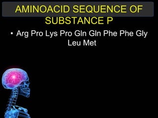AMINOACID SEQUENCE OF
SUBSTANCE P
• Arg Pro Lys Pro Gln Gln Phe Phe Gly
Leu Met
 