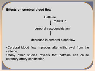 Effects on cerebral blood flow
Caffeine
results in
cerebral vasoconstriction
decrease in cerebral blood flow
Cerebral blood flow improves after withdrawal from the
caffeine.
Many other studies reveals that caffeine can cause
coronary artery constriction.
 