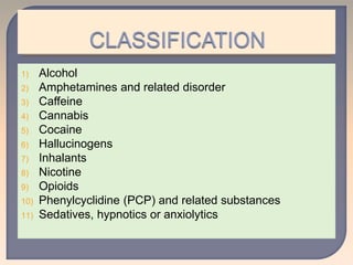 1) Alcohol
2) Amphetamines and related disorder
3) Caffeine
4) Cannabis
5) Cocaine
6) Hallucinogens
7) Inhalants
8) Nicotine
9) Opioids
10) Phenylcyclidine (PCP) and related substances
11) Sedatives, hypnotics or anxiolytics
 
