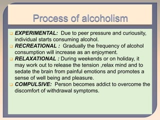  EXPERIMENTAL: Due to peer pressure and curiousity,
individual starts consuming alcohol.
 RECREATIONAL : Gradually the frequency of alcohol
consumption will increase as an enjoyment.
 RELAXATIONAL : During weekends or on holiday, it
may work out to release the tension ,relax mind and to
sedate the brain from painful emotions and promotes a
sense of well being and pleasure.
 COMPULSIVE: Person becomes addict to overcome the
discomfort of withdrawal symptoms.
 