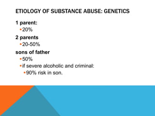 ETIOLOGY OF SUBSTANCE ABUSE: GENETICS
1 parent:
20%
2 parents
20-50%
sons of father
50%
if severe alcoholic and criminal:
90% risk in son.
 