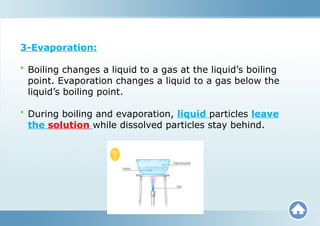 3-Evaporation:
• Boiling changes a liquid to a gas at the liquid’s boiling
point. Evaporation changes a liquid to a gas below the
liquid’s boiling point.
• During boiling and evaporation, liquid particles leave
the solution while dissolved particles stay behind.
 