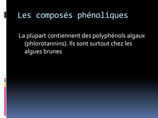 Les composés phénoliques
La plupart contiennent des polyphénols algaux
(phlorotannins). Ils sont surtout chez les
algues brunes
 