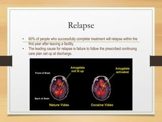 Relapse
• 60% of people who successfully complete treatment will relapse within the
first year after leaving a facility.
• The leading cause for relapse is failure to follow the prescribed continuing
care plan set up at discharge.
 