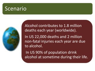 Scenario
Alcohol contributes to 1.8 million
deaths each year (worldwide).
In US 22,000 deaths and 2 million
non-fatal injuries each year are due
to alcohol.
In US 90% of population drink
alcohol at sometime during their life.
 