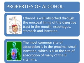 PROPERTIES OF ALCOHOL
Ethanol is well absorbed through
the mucosal lining of the digestive
tract in the mouth, esophagus,
stomach and intestine.
The most common site of
absorption is in the proximal small
intestine, which is also the site of
absorption of many of the B
vitamins.
 