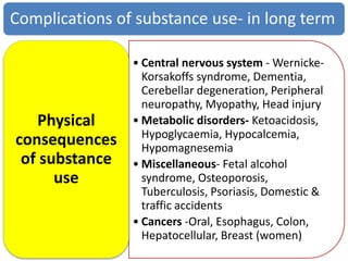 Complications of substance use- in long term
• Central nervous system - Wernicke-
Korsakoffs syndrome, Dementia,
Cerebellar degeneration, Peripheral
neuropathy, Myopathy, Head injury
• Metabolic disorders- Ketoacidosis,
Hypoglycaemia, Hypocalcemia,
Hypomagnesemia
• Miscellaneous- Fetal alcohol
syndrome, Osteoporosis,
Tuberculosis, Psoriasis, Domestic &
traffic accidents
• Cancers -Oral, Esophagus, Colon,
Hepatocellular, Breast (women)
Physical
consequences
of substance
use
 