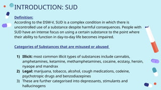 INTRODUCTION: SUD
Definition:
According to the DSM-V, SUD is a complex condition in which there is
uncontrolled use of a substance despite harmful consequences. People with
SUD have an intense focus on using a certain substance to the point where
their ability to function in day-to-day life becomes impaired.
Categories of Substances that are misused or abused
1) Illicit: most common illicit types of substances include cannabis,
amphetamines, ketamine, methamphetamines, cocaine, ecstasy, heroin,
nyaope and mandrax
2) Legal: marijuana, tobacco, alcohol, cough medications, codeine,
psychotropic drugs and benzodiazepines
3) These are further categorised into depressants, stimulants and
hallucinogens
 