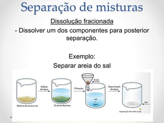 Dissolução fracionada
- Dissolver um dos componentes para posterior
separação.
Exemplo:
Separar areia do sal
Separação de misturas
 
