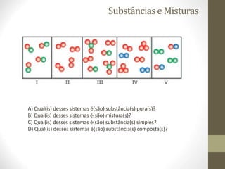 Substânciase Misturas
A) Qual(is) desses sistemas é(são) substância(s) pura(s)?
B) Qual(is) desses sistemas é(são) mistura(s)?
C) Qual(is) desses sistemas é(são) substância(s) simples?
D) Qual(is) desses sistemas é(são) substância(s) composta(s)?
 