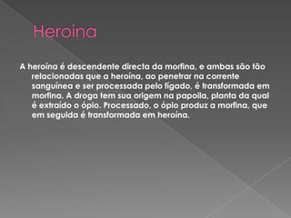 Heroina A heroína é descendente directa da morfina, e ambas são tão relacionadas que a heroína, ao penetrar na corrente sanguínea e ser processada pelo fígado, é transformada em morfina. A droga tem sua origem na papoila, planta da qual é extraído o ópio. Processado, o ópio produz a morfina, que em seguida é transformada em heroína. 