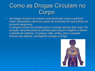 Como as Drogas Circulam no
Como as Drogas Circulam no
Corpo
Corpo
 As drogas circulam de maneira previsível pelo corpo e ganham
As drogas circulam de maneira previsível pelo corpo e ganham
maior velocidade e alcance a partir do momento em que entram na
maior velocidade e alcance a partir do momento em que entram na
corrente sanguínea.
corrente sanguínea.
O sangue circula dos tecidos para o coração através das veias. Do
O sangue circula dos tecidos para o coração através das veias. Do
coração, ele parte para os pulmões para adquirir oxigênio e liberar
coração, ele parte para os pulmões para adquirir oxigênio e liberar
o dióxido de carbono. O sangue volta, então, para o coração
o dióxido de carbono. O sangue volta, então, para o coração
através das artérias, carregando consigo a droga.
através das artérias, carregando consigo a droga.
 
