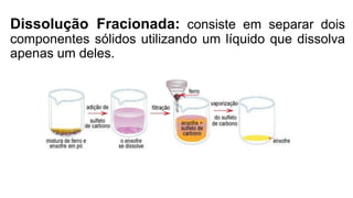 Dissolução Fracionada: consiste em separar dois
componentes sólidos utilizando um líquido que dissolva
apenas um deles.
 