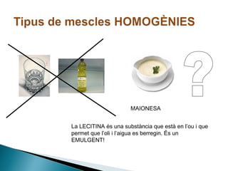 MAIONESA
La LECITINA és una substància que està en l’ou i que
permet que l’oli i l’aigua es berregin. És un
EMULGENT!

 