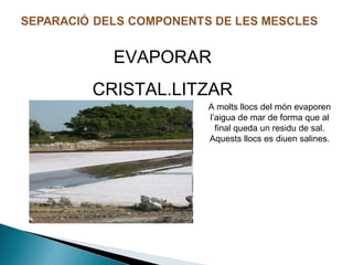 EVAPORAR
CRISTAL.LITZAR
A molts llocs del món evaporen
l’aigua de mar de forma que al
final queda un residu de sal.
Aquests llocs es diuen salines.

 