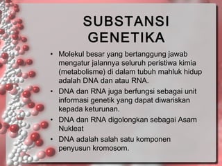 SUBSTANSI
GENETIKA
• Molekul besar yang bertanggung jawab
mengatur jalannya seluruh peristiwa kimia
(metabolisme) di dalam tubuh mahluk hidup
adalah DNA dan atau RNA.
• DNA dan RNA juga berfungsi sebagai unit
informasi genetik yang dapat diwariskan
kepada keturunan.
• DNA dan RNA digolongkan sebagai Asam
Nukleat
• DNA adalah salah satu komponen
penyusun kromosom.

 
