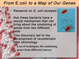 From E.coli to a Map of Our Genes
• Research on E. coli revealed
that these bacteria have a
sexual mechanism that can
bring about the combining of
genes from two different
cells
• This discovery led to the
development of recombinant
DNA technology
– a set of techniques for combining
genes from different sources

 