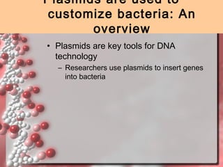 Plasmids are used to
customize bacteria: An
overview
• Plasmids are key tools for DNA
technology
– Researchers use plasmids to insert genes
into bacteria

 