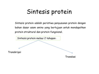 Sintesis protein
Sintesis protein adalah peristiwa penyusunan protein dengan
bahan dasar asam amino yang bertujuan untuk mendapatkan
protein struktural dan protein fungsional.
Sintesis protein melaui 2 tahapan :
Transkripsi
Translasi
 