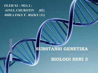 SUBSTANSI GENETIKA
BIOLOGI SERI 3
OLEH XI – MIA 2 :
•AINUL CHUROTIN (02)
•DHEA FIKY F . RIZKY (11)
 