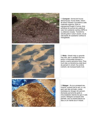 1. Compost - format din frunze
descompuse, frunze taiate, resturi
de ierburi folosite in bucatarie si alte
materiale organice. Este un
ingrasamant bugat in humus, bine
echilibrat din punctul de vedere al
celor trei substante nutritive (NPK) si
cu eliberare inceata. Transforma
solurile grele in soluri usoare, iar pe
cele lipsite de substante nutritive le
imbogateste.




2. Nisip - folositi nisip cu graunte
mai mari, dar in cantitati mai mici,
pentru a imbunatati drenajul si
pentru a aerisi pamantul lutos. Prea
mult nisip va transforma unele tipuri
de pamant in ciment. Nu contine
nutrienti, dar dureaza foarte mult.




3. Balegar - fie ca e proaspat sau
invechit, putrezit (de la vaci, oi, cai,
gaini sau alte animale), creste
cantitatea de nitrogen din pamant.
Aeriseste pamanturile grele si
imbunatateste retentia de apa in cele
usoare. Balegarul proaspat arde
plantele, asa ca acesta trebuie sa
stea un an inainte de a fi folosit.
 