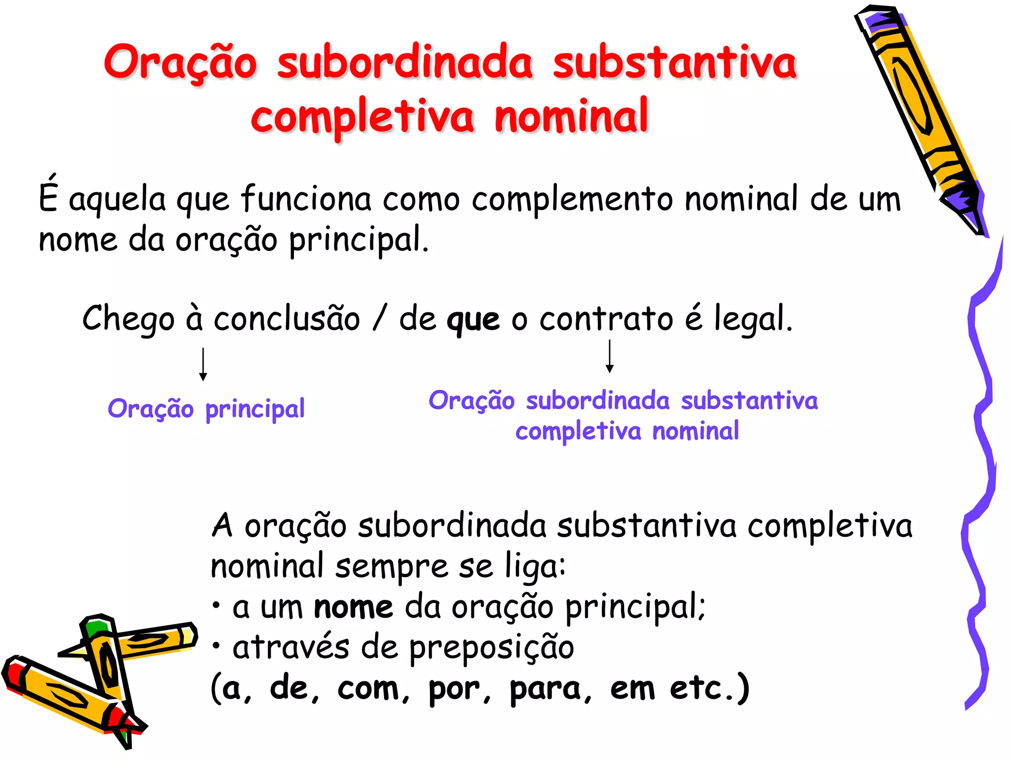 Oração subordinada substantiva
completiva nominal
É aquela que funciona como complemento nominal de um
nome da oração principal.
Chego à conclusão / de que o contrato é legal.
Oração principal Oração subordinada substantiva
completiva nominal
A oração subordinada substantiva completiva
nominal sempre se liga:
• a um nome da oração principal;
• através de preposição
(a, de, com, por, para, em etc.)
 