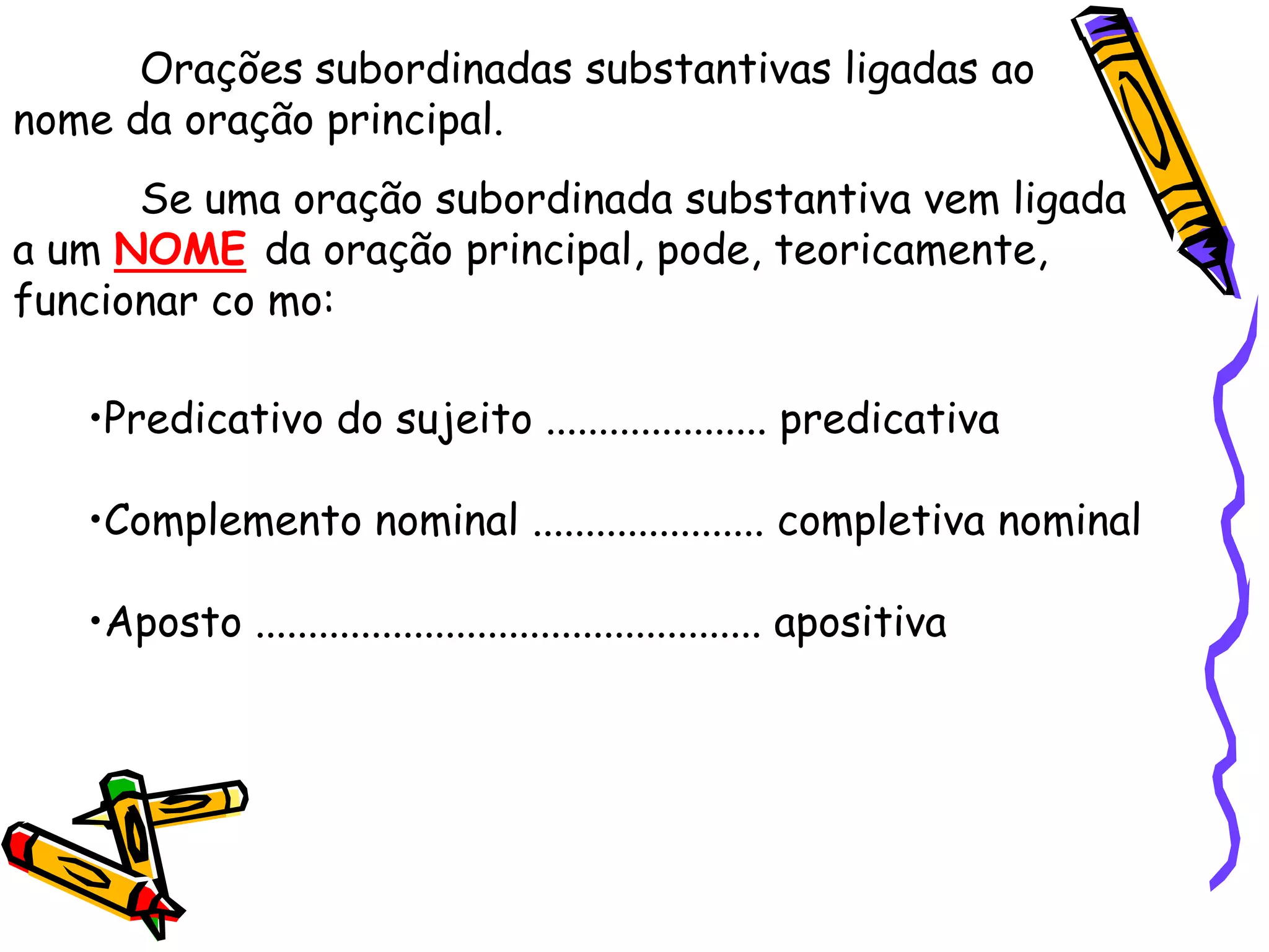 Se uma oração subordinada substantiva vem ligada
a um NOME da oração principal, pode, teoricamente,
funcionar co mo:
•Predicativo do sujeito ..................... predicativa
•Complemento nominal ...................... completiva nominal
•Aposto ................................................ apositiva
Orações subordinadas substantivas ligadas ao
nome da oração principal.
 