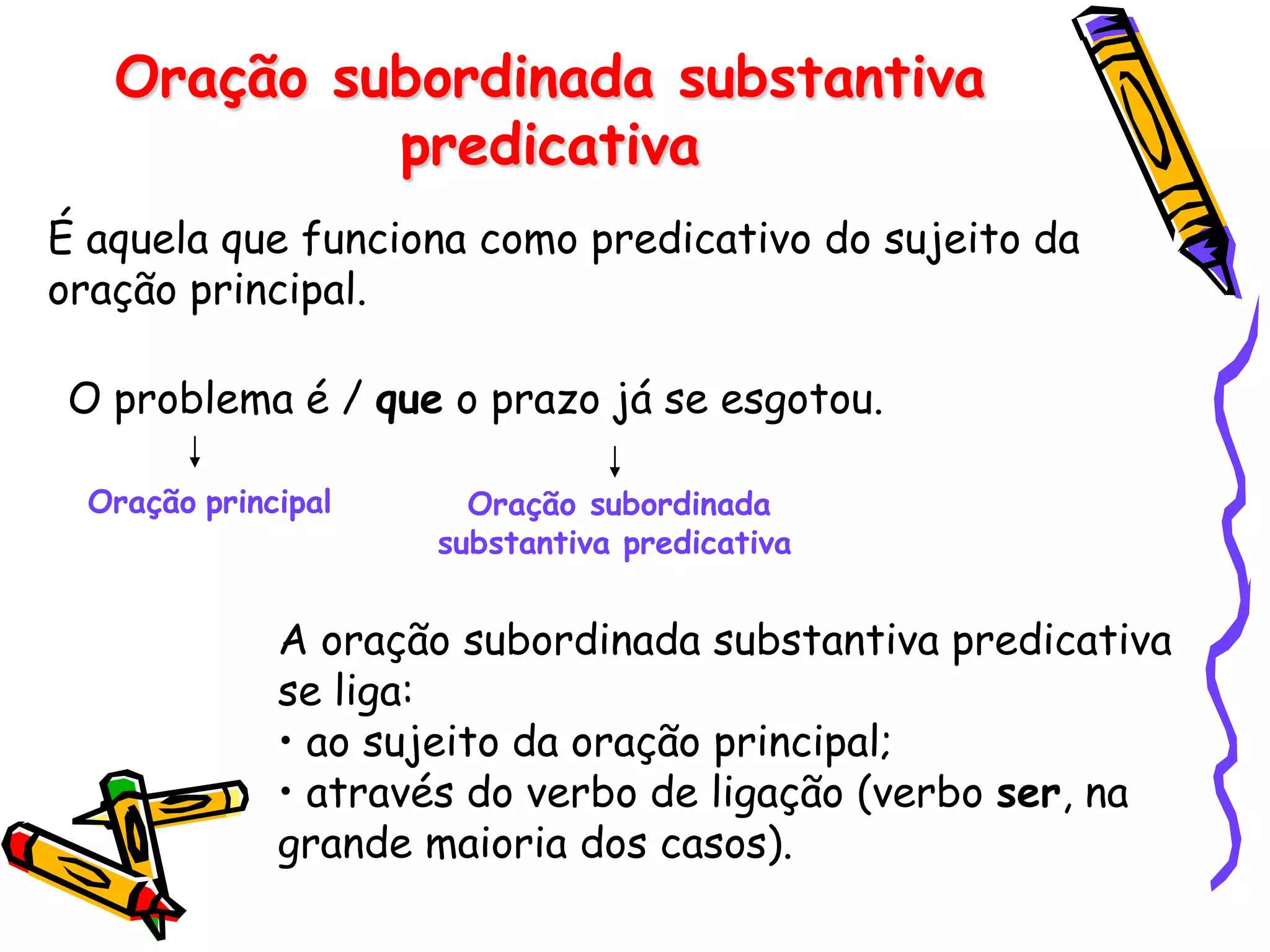 Oração subordinada substantiva
predicativa
É aquela que funciona como predicativo do sujeito da
oração principal.
O problema é / que o prazo já se esgotou.
Oração principal Oração subordinada
substantiva predicativa
A oração subordinada substantiva predicativa
se liga:
• ao sujeito da oração principal;
• através do verbo de ligação (verbo ser, na
grande maioria dos casos).
 