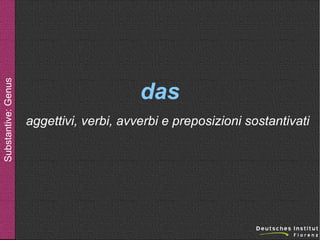 Substantive: Genus

das
aggettivi, verbi, avverbi e preposizioni sostantivati

 