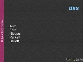 Substantive: Genus

das
Auto
Foto
Niveau
Parkett
Ballett

 