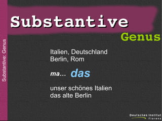 sein

Substantive: Genus

Substantive

Genus

Italien, Deutschland
Berlin, Rom
ma…

das

unser schönes Italien
das alte Berlin

 