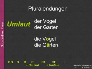 Substantive: Plural

Pluralendungen
der Vogel
der Garten

Umlaut

die Vögel
die Gärten
en n

e

e

+ Umlaut

er

er

+ Umlaut

–

 