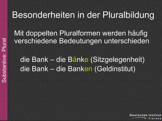 Substantive: Plural

Besonderheiten in der Pluralbildung
Mit doppelten Pluralformen werden häufig
verschiedene Bedeutungen unterschieden
die Bank – die Bänke (Sitzgelegenheit)
die Bank – die Banken (Geldinstitut)

 
