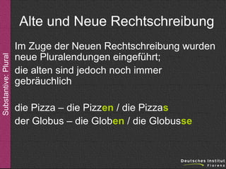 Substantive: Plural

Alte und Neue Rechtschreibung
Im Zuge der Neuen Rechtschreibung wurden
neue Pluralendungen eingeführt;
die alten sind jedoch noch immer
gebräuchlich
die Pizza – die Pizzen / die Pizzas
der Globus – die Globen / die Globusse

 