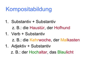 Kompositabildung
1. Substantiv + Substantiv
z. B.: die Haustür, der Hofhund
1. Verb + Substantiv
z. B.: die Kehrwoche, der Malkasten
1. Adjektiv + Substantiv
z. B.: der Hochaltar, das Blaulicht

 