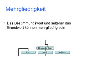 Mehrgliedrigkeit
• Das Bestimmungswort und seltener das
Grundwort können mehrgliedrig sein

Umweltschutz
Um

welt

schutz

 