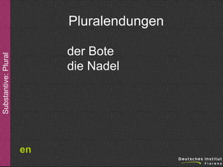 Pluralendungen
Substantive: Plural

der Bote
die Nadel

en

 