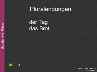 Pluralendungen
Substantive: Plural

der Tag
das Brot

en n

 