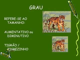 GRAU

REFERE-SE AO
  TAMANHO:


AUMENTATIVO ou
 DIMINUTIVO


TIGRÃO /
  TIGREZINHO
 