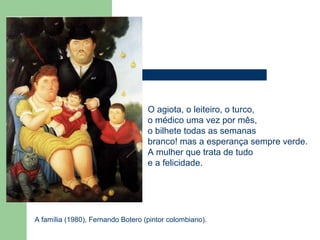 O agiota, o leiteiro, o turco,
                                   o médico uma vez por mês,
                                   o bilhete todas as semanas
                                   branco! mas a esperança sempre verde.
                                   A mulher que trata de tudo
                                   e a felicidade.




A família (1980), Fernando Botero (pintor colombiano).
 