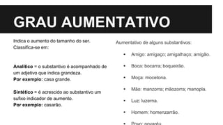 GRAU AUMENTATIVO
Indica o aumento do tamanho do ser.
Classifica-se em:
Analítico = o substantivo é acompanhado de
um adjetivo que indica grandeza.
Por exemplo: casa grande.
Sintético = é acrescido ao substantivo um
sufixo indicador de aumento.
Por exemplo: casarão.
Aumentativo de alguns substantivos:
 Amigo: amigaço; amigalhaço; amigão.
 Boca: bocarra; boqueirão.
 Moça: mocetona.
 Mão: manzorra; mãozorra; manopla.
 Luz: luzerna.
 Homem: homenzarrão.
 