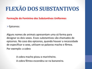 Formação do Feminino dos Substantivos Uniformes
Epicenos:
Alguns nomes de animais apresentam uma só forma para
designar os dois sexos. Esses substantivos são chamados de
epicenos. No caso dos epicenos, quando houver a necessidade
de especificar o sexo, utilizam-se palavras macho e fêmea.
Por exemplo: a cobra
A cobra macho picou o marinheiro.
A cobra fêmea escondeu-se na bananeira.
FLEXÃO DOS SUBSTANTIVOS
 