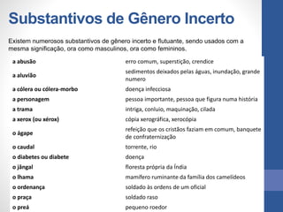 a abusão erro comum, superstição, crendice
a aluvião
sedimentos deixados pelas águas, inundação, grande
numero
a cólera ou cólera-morbo doença infecciosa
a personagem pessoa importante, pessoa que figura numa história
a trama intriga, conluio, maquinação, cilada
a xerox (ou xérox) cópia xerográfica, xerocópia
o ágape
refeição que os cristãos faziam em comum, banquete
de confraternização
o caudal torrente, rio
o diabetes ou diabete doença
o jângal floresta própria da Índia
o lhama mamífero ruminante da família dos camelídeos
o ordenança soldado às ordens de um oficial
o praça soldado raso
o preá pequeno roedor
Substantivos de Gênero Incerto
Existem numerosos substantivos de gênero incerto e flutuante, sendo usados com a
mesma significação, ora como masculinos, ora como femininos.
 