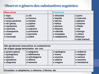 Observeo gênerodossubstantivosseguintes:
Masculinos Femininos
o tapa
o eclipse
o lança-perfume
o dó (pena)
o sanduíche
o clarinete
o champanha
o sósia
o maracajá
o clã
o hosana
o herpes
o pijama
o suéter
o soprano
o proclama
o pernoite
o púbis
a dinamite
a áspide
a derme
a hélice
a alcíone
a filoxera
a clâmide
a omoplata
a cataplasma
a pane
a mascote
a gênese
a entorse
a libido
a cal
a faringe
a cólera
(doença)
a ubá (canoa)
São geralmente masculinos os substantivos
de origem grega terminados em -ma:
o grama (peso)
o quilograma
o plasma
o apostema
o diagrama
o epigrama
o telefonema
o estratagema
o dilema
o teorema
o apotegma
o trema
o eczema
o edema
o magma
o anátema
o estigma
o axioma
o tracoma
o hematoma
Exceções: a cataplasma, a celeuma, a fleuma, etc.
 