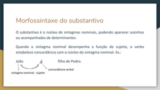 Morfossintaxe do substantivo
O substantivo é o núcleo de sintagmas nominais, podendo aparecer sozinhos
ou acompanhados de determinantes.
Quando o sintagma nominal desempenha a função de sujeito, o verbo
estabelece concordância com o núcleo do sintagma nominal. Ex.:
João é filho de Pedro.
sintagma nominal - sujeito
concordância verbal
 