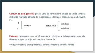 Comum de dois gêneros: possui uma só forma para ambos os sexos sendo a
distinção marcada através de modificadores (artigos, pronomes ou adjetivos).
Ex.:
Epiceno: apresenta um só gênero para referir-se a determinados animais.
Deve-se pospor os adjetivos macho e fêmea. Ex.:
um tigre macho / um tigre fêmea; a mosca macho / a mosca fêmea
o
a
colega estudante
estudioso
estudiosa
 