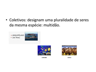 • Coletivos: designam uma pluralidade de seres
da mesma espécie: multidão.
 
